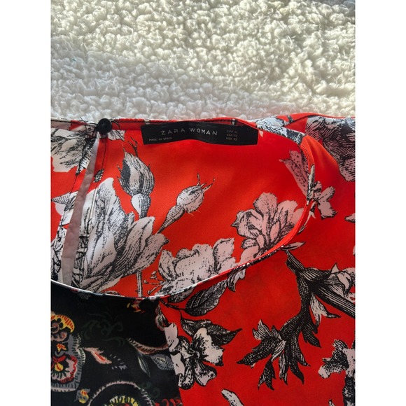 Zara Woman Mixed Print Floral Paisley Blouse Red Black Short Sleeve XL - Picture 3 of 3